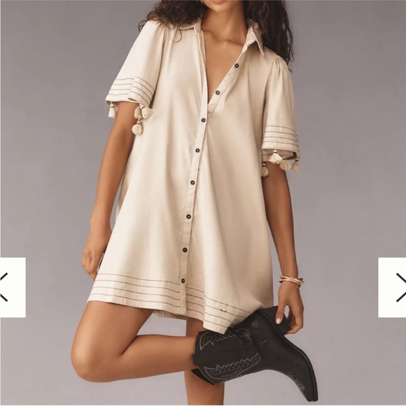 Anthropologie Dresses & Skirts - Anthropologie Maeve Collared Linen Button-Front Tassel Mini Dress Cream Size M